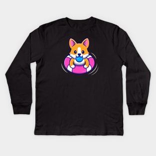 Cute Corgi Dog Floating With Swimming Tires Cartoon Vector Icon Illustration Kids Long Sleeve T-Shirt